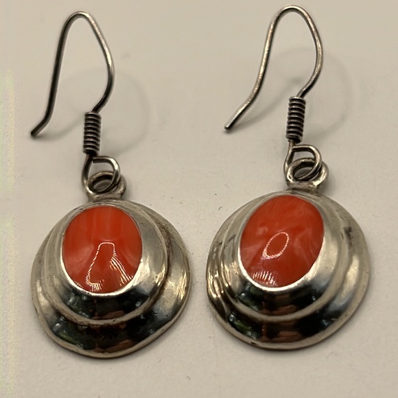 PINK CORAL AND MEXICAN STERLING SILVER DANGLE EARRINGS 1” TALL - Picture 6 of 8